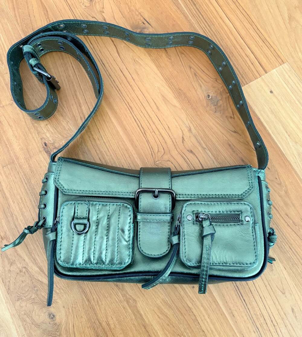 Free People High Speed Crossbody Bag in Metallic Green Leather Y2K